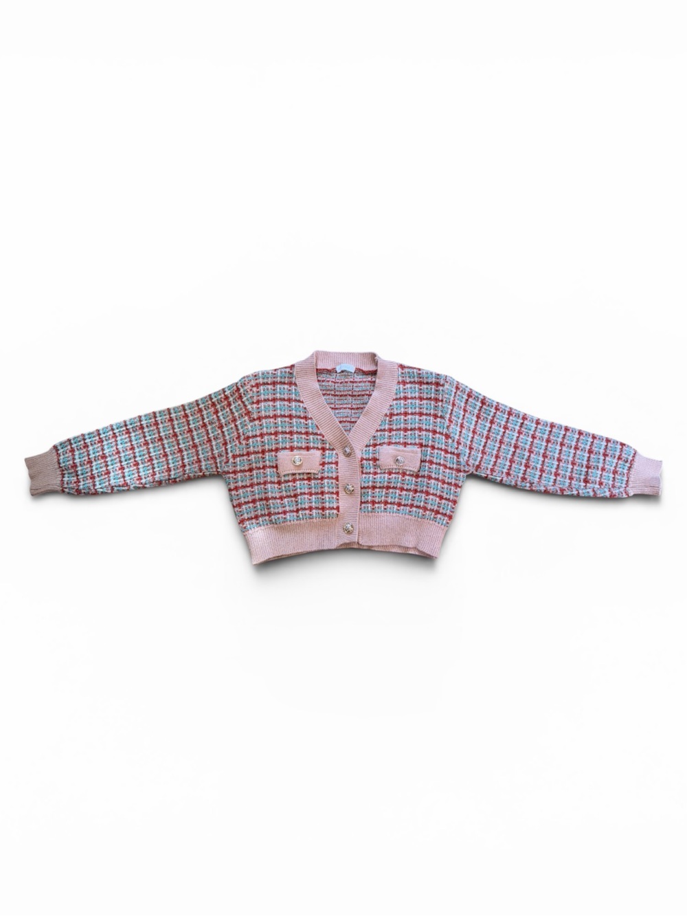 Cropped Pink Plaid Knit Cardigan with Decorative Buttons - Picture 3 of 9